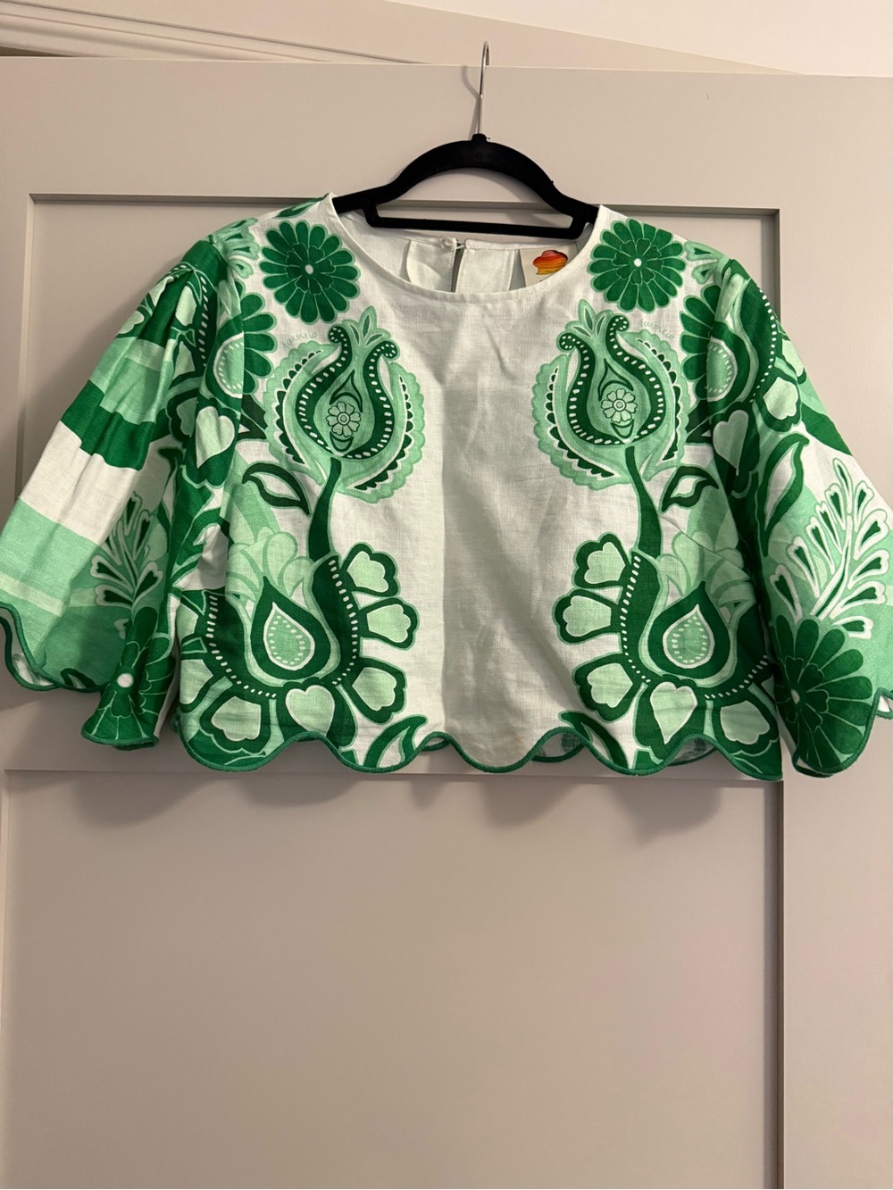 FARM Rio Green and White Embroidered Scallop-Hem Crop Top - Picture 3 of 5